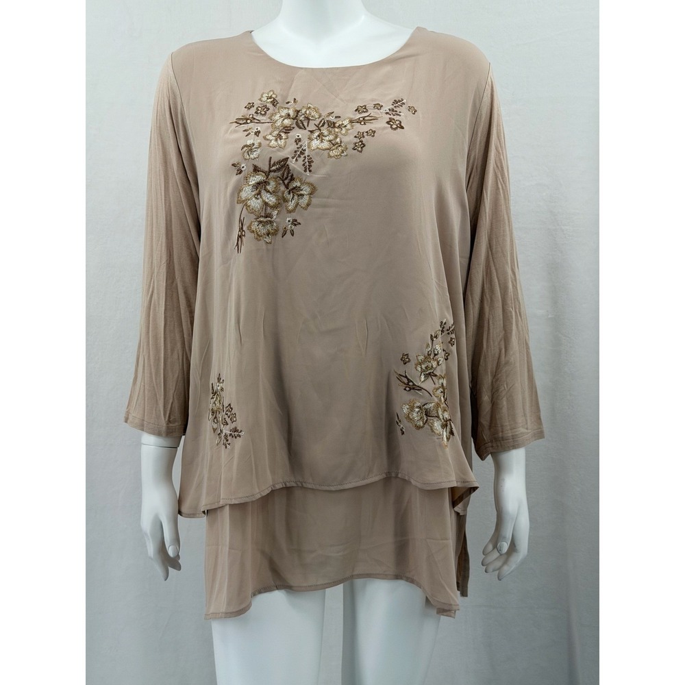 Diane Gilman DG2 Top Womens 1X Tan Floral Embroidered Layered 3/4 Sleeve Boho